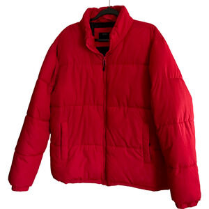 Bershka Women's Puffer Jacket‎ Size XL Red Polyester Solid Warm Lightweight